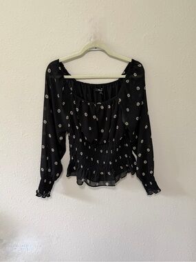 Madewell Black Floral Smocked-Waist Long-Sleeve Blouse